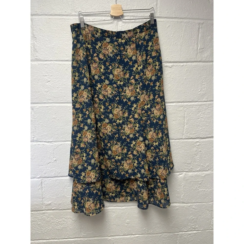 Vtg Liz Claiborne LizSport Blue Floral Maxi Skirt sz 16 Rose Tiered 90s Fairy‎ - Picture 7 of 10